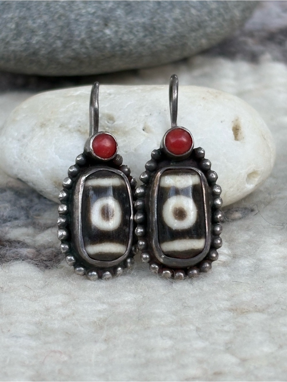 Sterling Silver Tibetan Dzi Bead Earrings